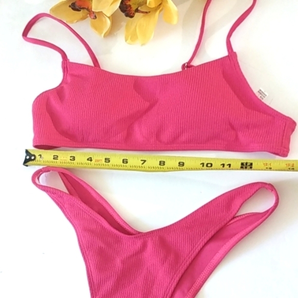 FUCHSIA PINK BANDEAU HI-CUT RIBBED BIKINI SIZE LARGE NWOT - Picture 7 of 7